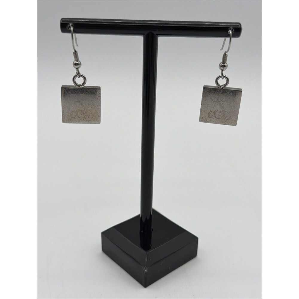 Silver Tone Square Dangle Earrings Monogram Letter S Hook Style
